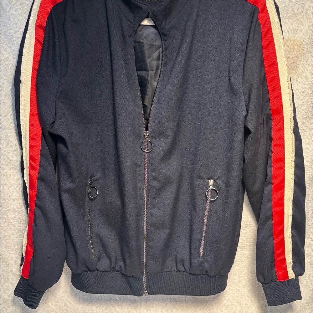 Zara Navy Bomber Jacket with Red & White Sleeve Stripes